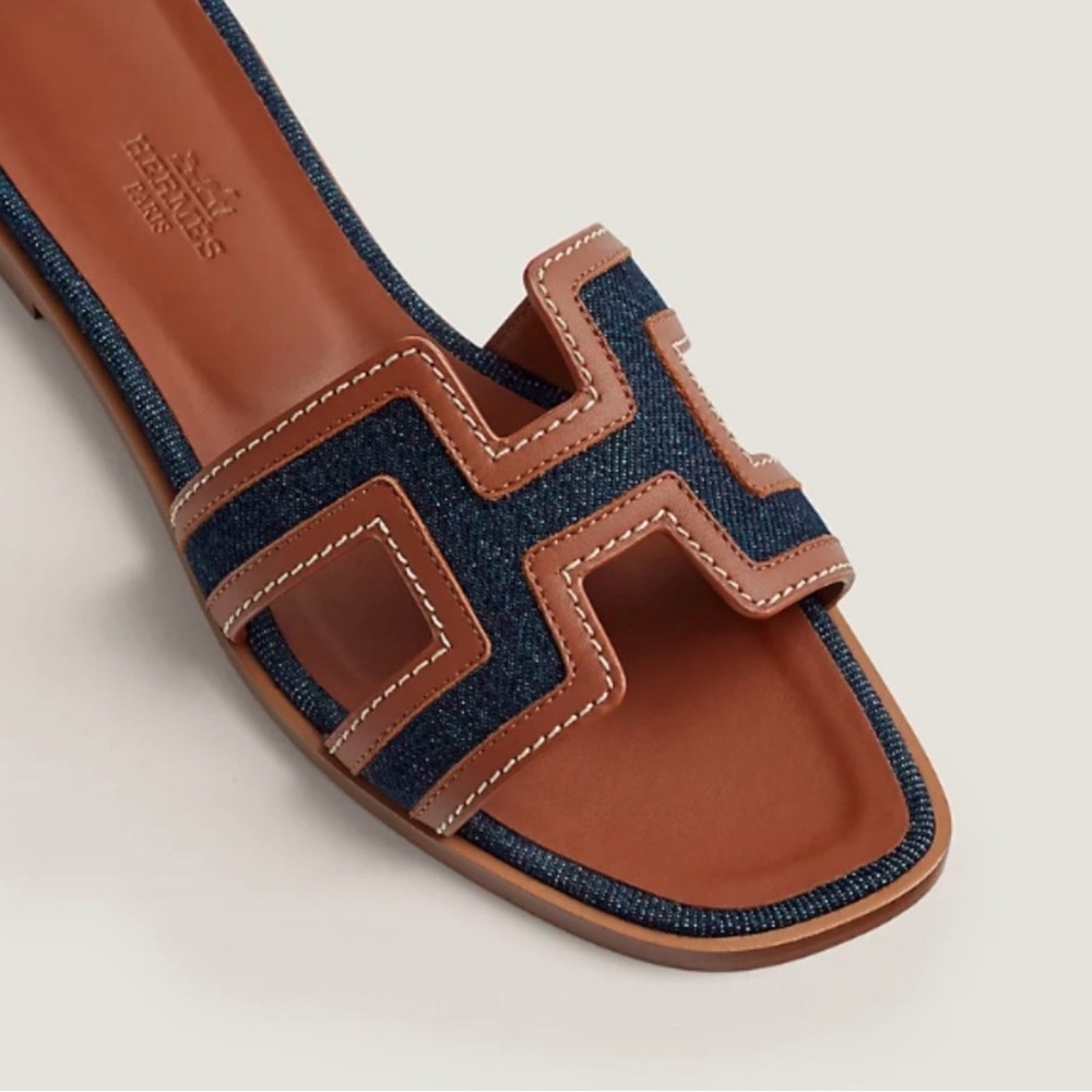 NEW Hermes Denim/Brown Leather Oran Slide Sandal sz 38.5